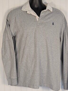 90's Polo Ralph Lauren Padded Rugby Shirt Gray Slim Fit Elbow Patches L